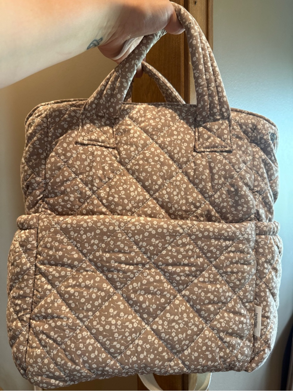 solly baby Quilted Floral Tote Bag in Taupe and White